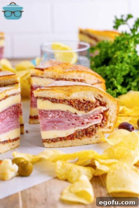 New Orleans' Signature Stack 23 Slice of the Muffaletta Sandwich with chips in front showing layers.