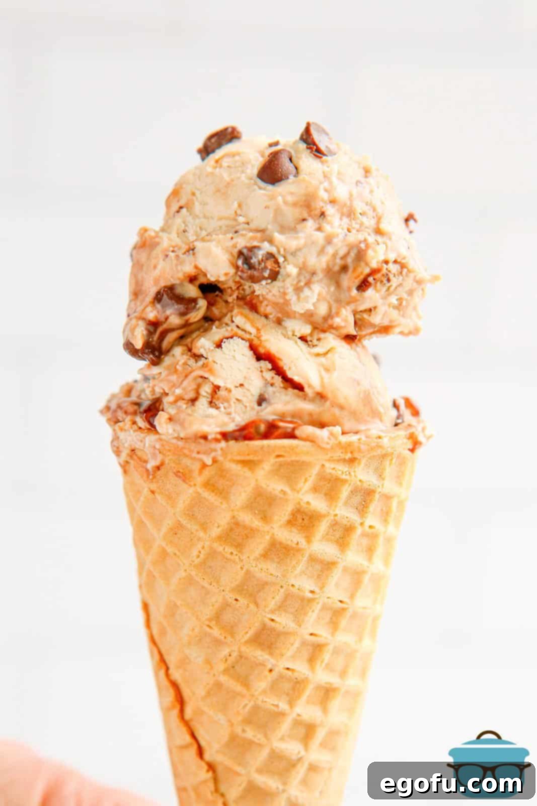 No-Churn Peanut Butter Chocolate Chip Ice Cream in ice cream cone.