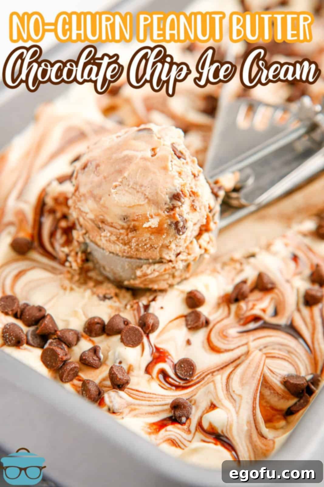 No-Churn Peanut Butter Chocolate Chip Ice Cream in pan with ice cream scoop, Pinterest image.