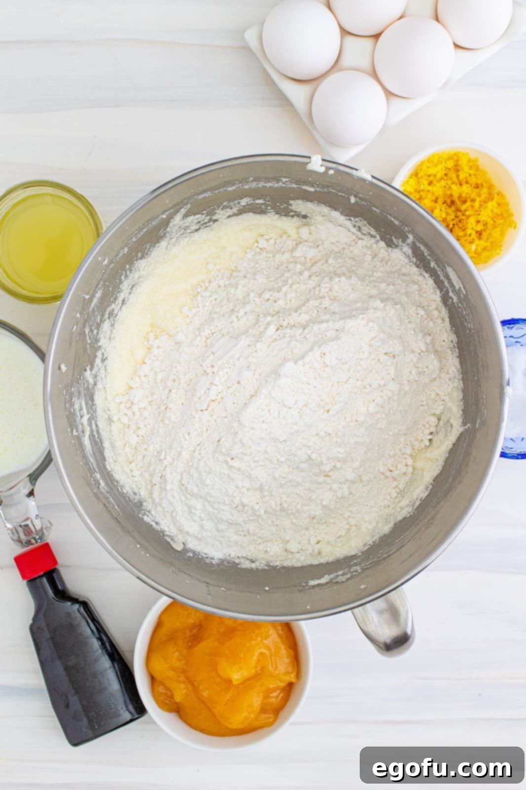 Zesty Lemon Dream Cake 8 Dry ingredients added to bowl of stand mixer.