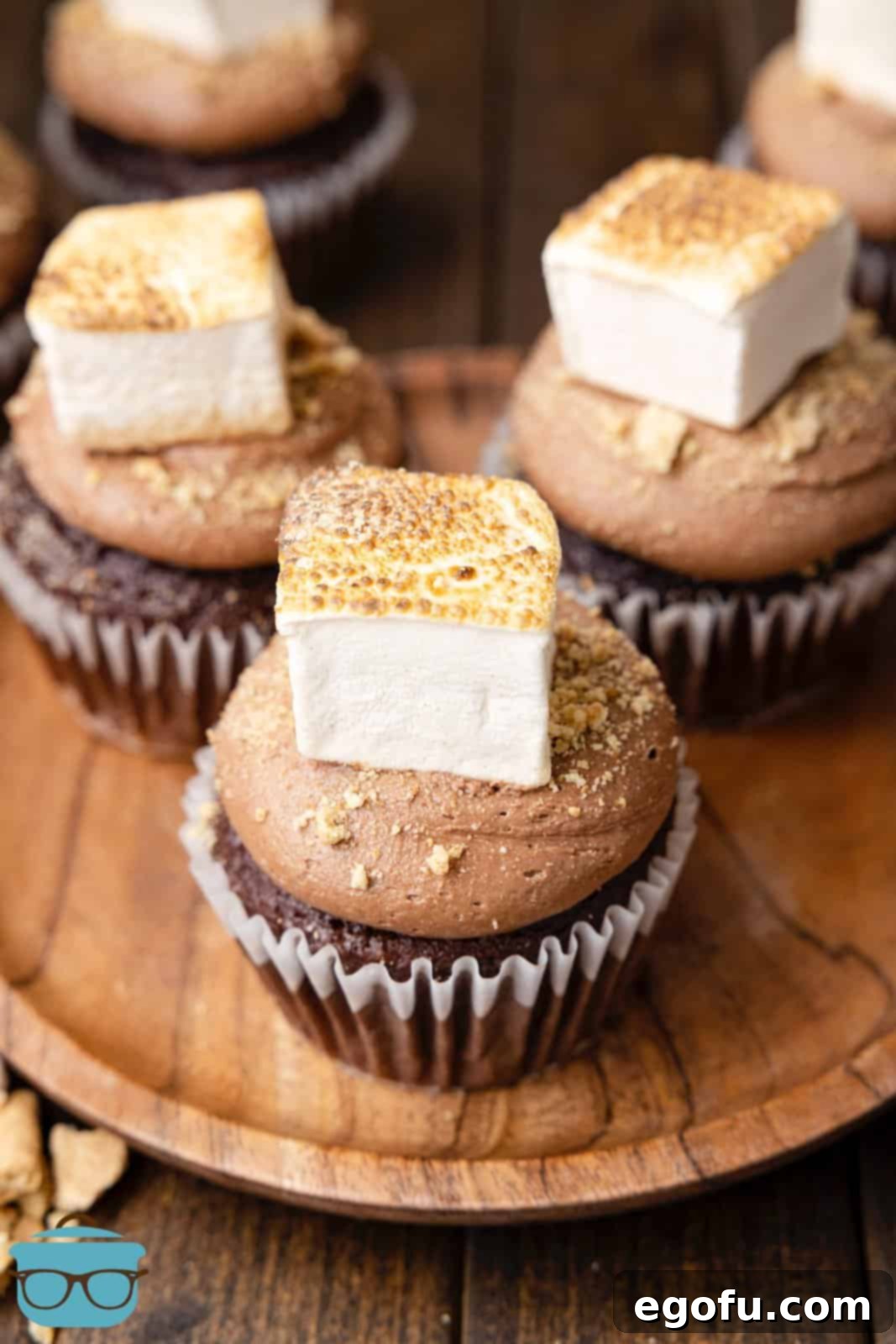 Delicious S'mores Cupcakes on a rustic wooden board, prominently displaying the golden-brown toasted marshmallow on top.