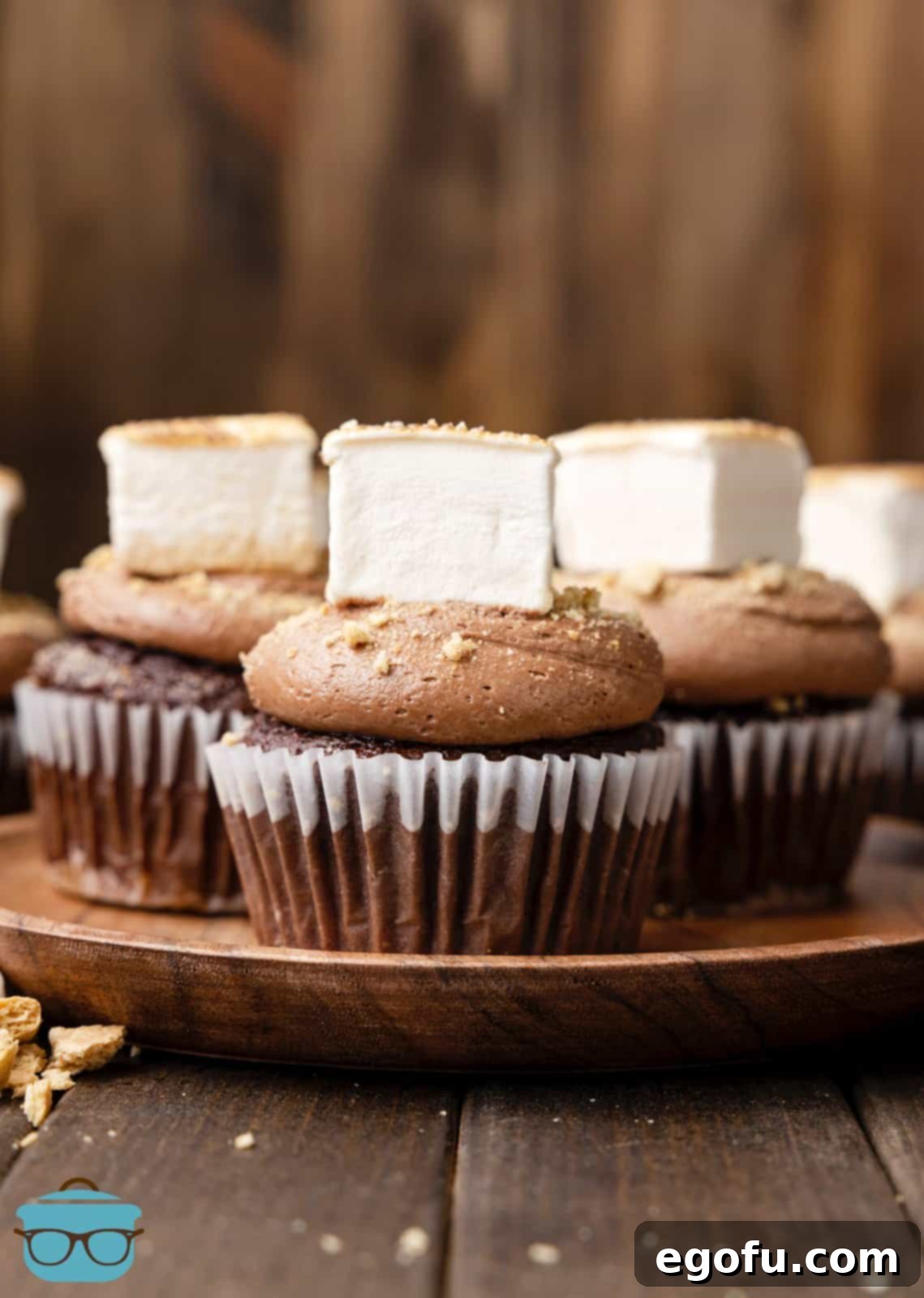 A beautiful line-up of freshly made S'mores Cupcakes on a rustic wooden board, showcasing their rich frosting and perfectly toasted marshmallow toppers.