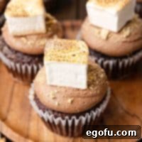 Square image close up overhead of S'mores Cupcakes on wooden board with marshmallow topping.