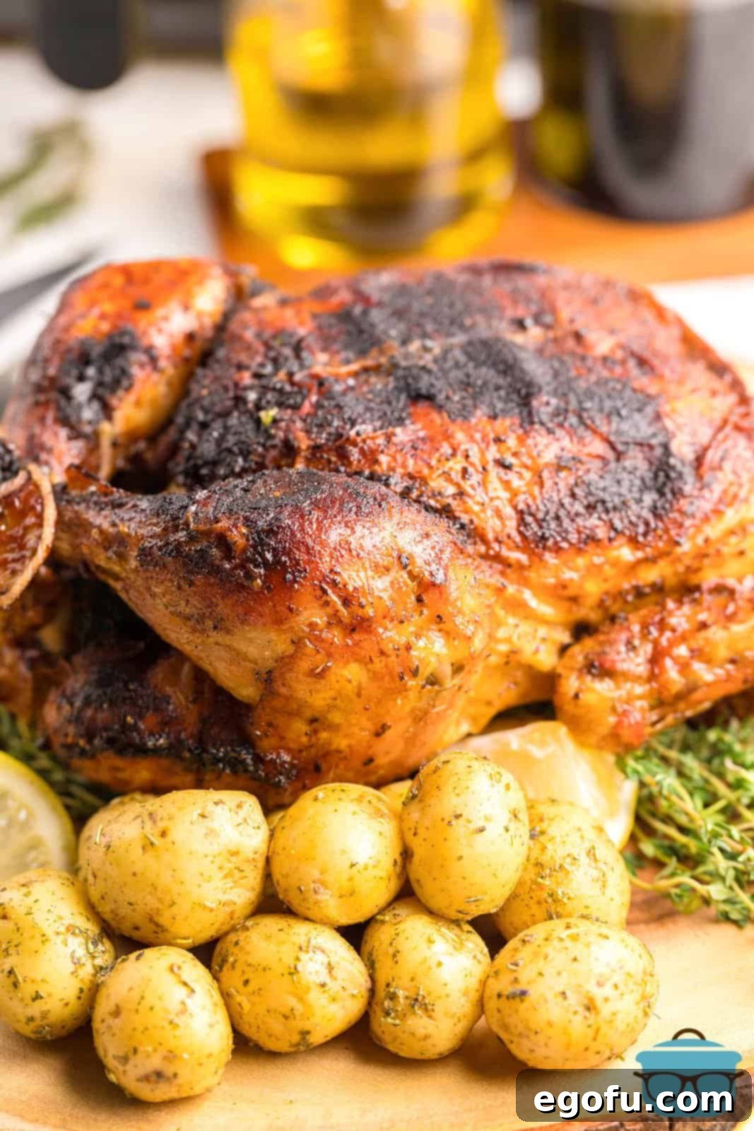 Finished Air Fryer Whole Roasted Chicken served with golden roasted potatoes and fresh herbs, showcasing its crispy skin and appealing presentation.
