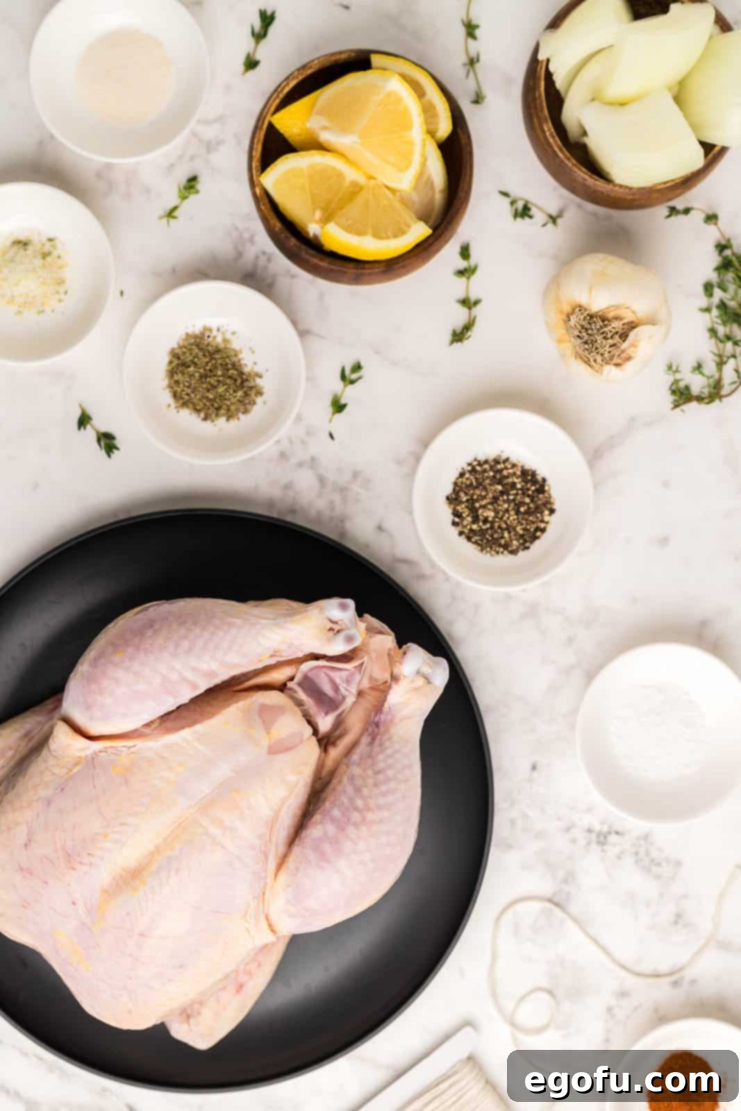 A flat lay image displaying all the ingredients needed for the Air Fryer Whole Roasted Chicken: whole chicken, sea salt, garlic powder, paprika, pepper, onion powder, marjoram, fresh garlic, thyme sprigs, lemon, and a yellow onion.