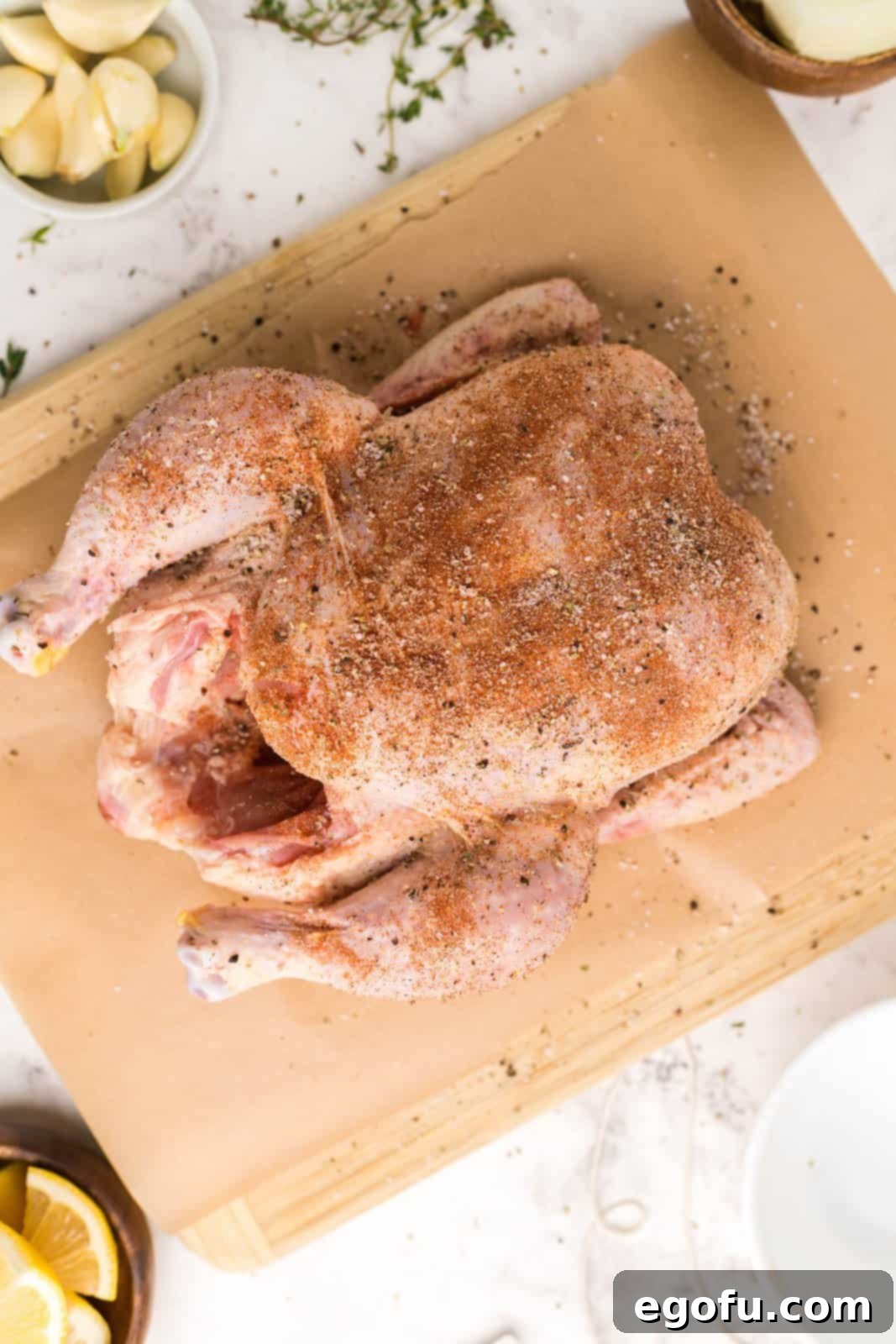 The seasoned blend being rubbed thoroughly over the surface of a whole chicken.