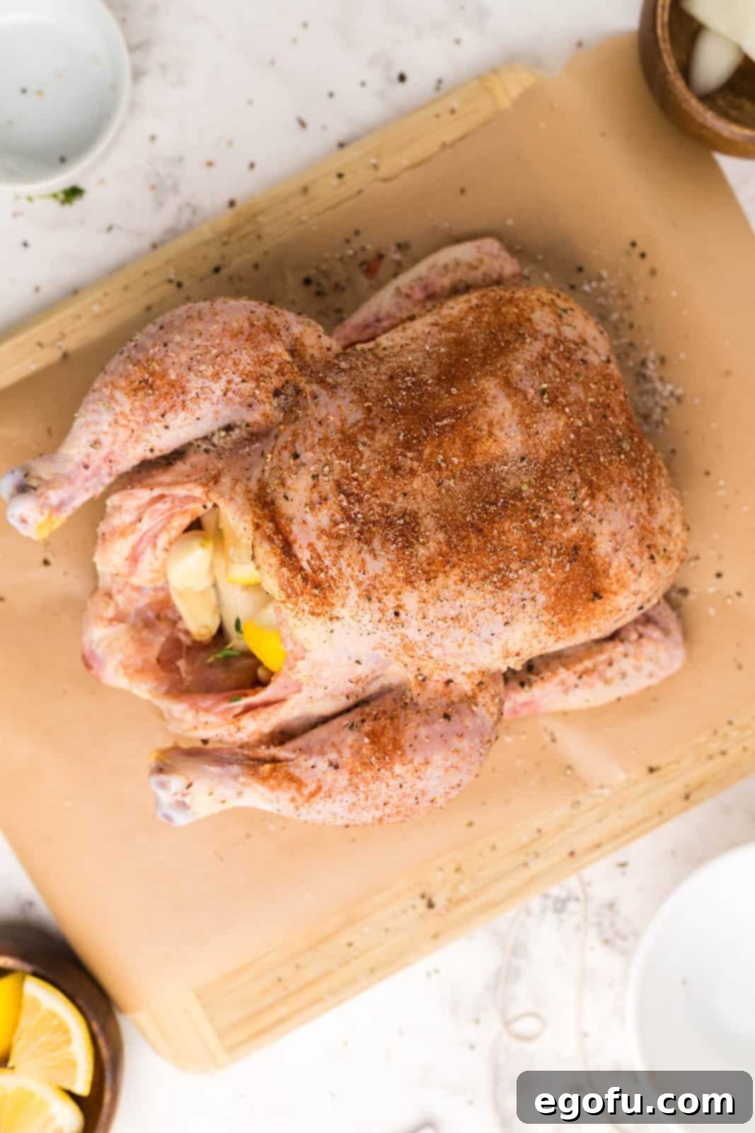 A whole chicken being stuffed with garlic cloves, thyme sprigs, lemon wedges, and yellow onion quarters before cooking.