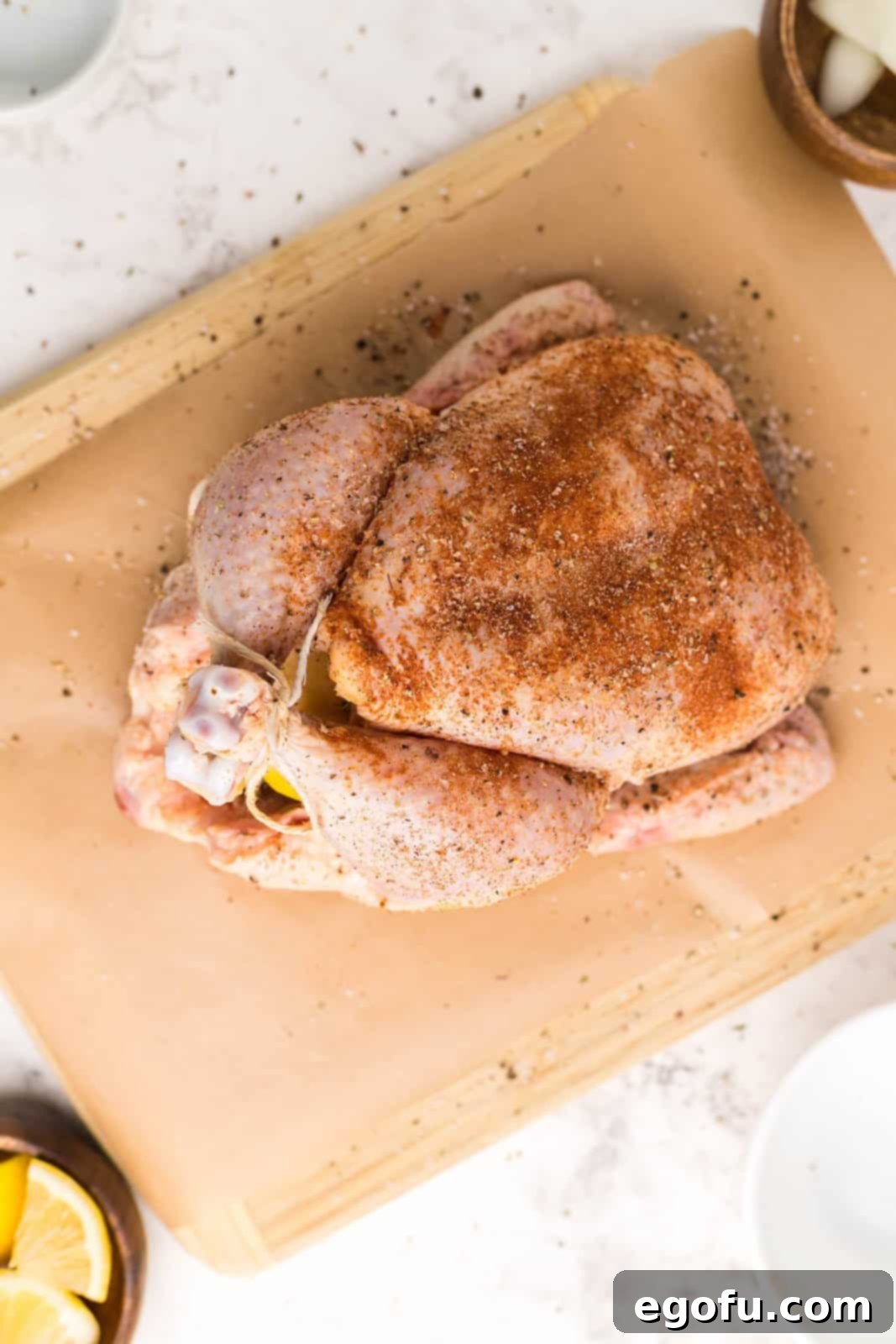Butcher's twine being used to tie the drumsticks of a whole chicken together.