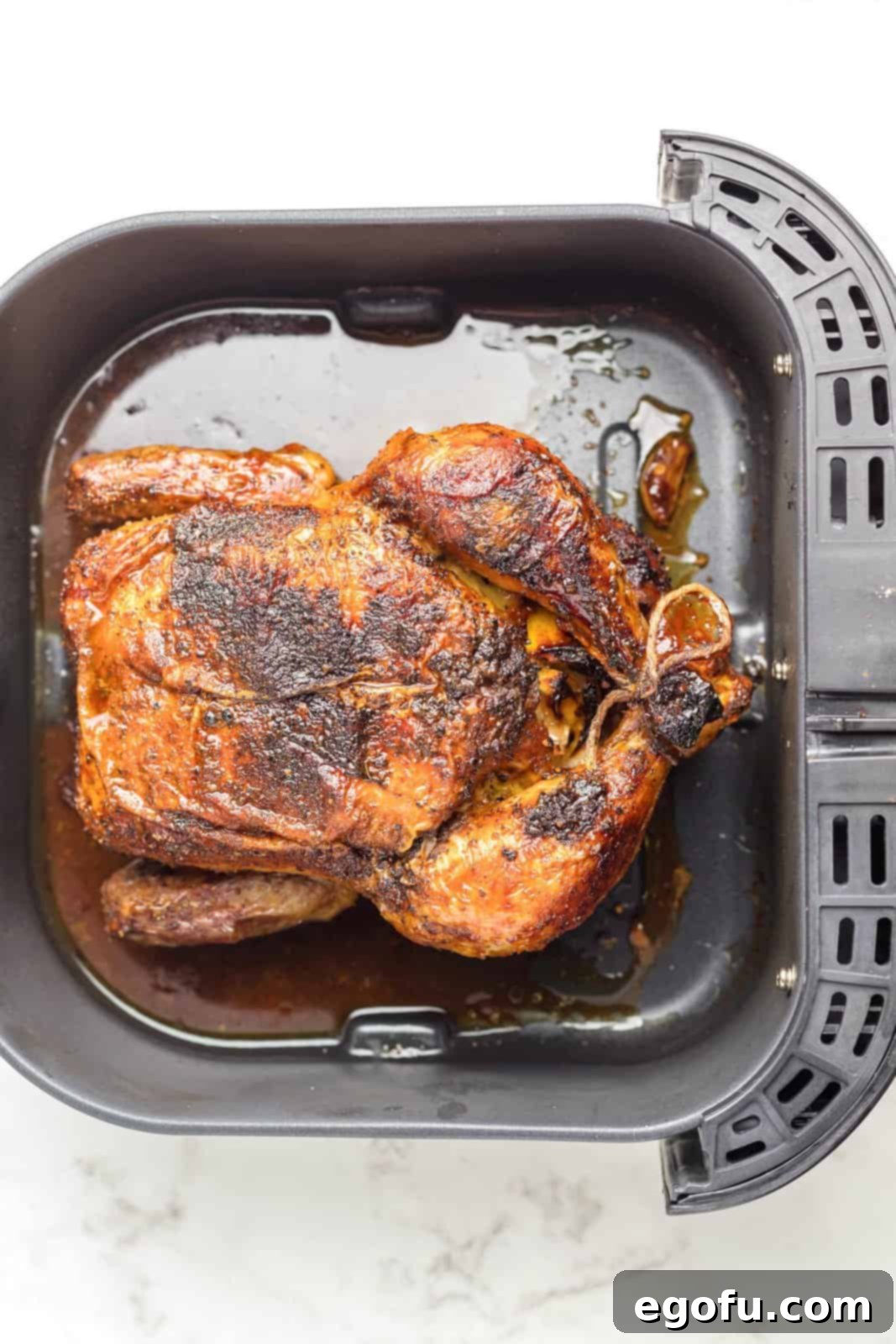 A perfectly cooked, golden-brown whole chicken resting in the air fryer basket after cooking.