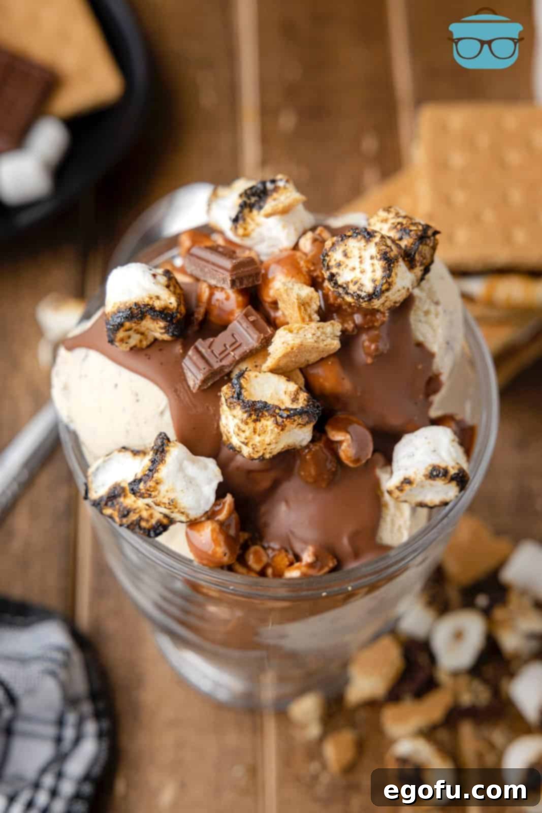 Smores Snap Shell 2 Overhead of S'mores Magic Shell on top of glass dish of ice cream.