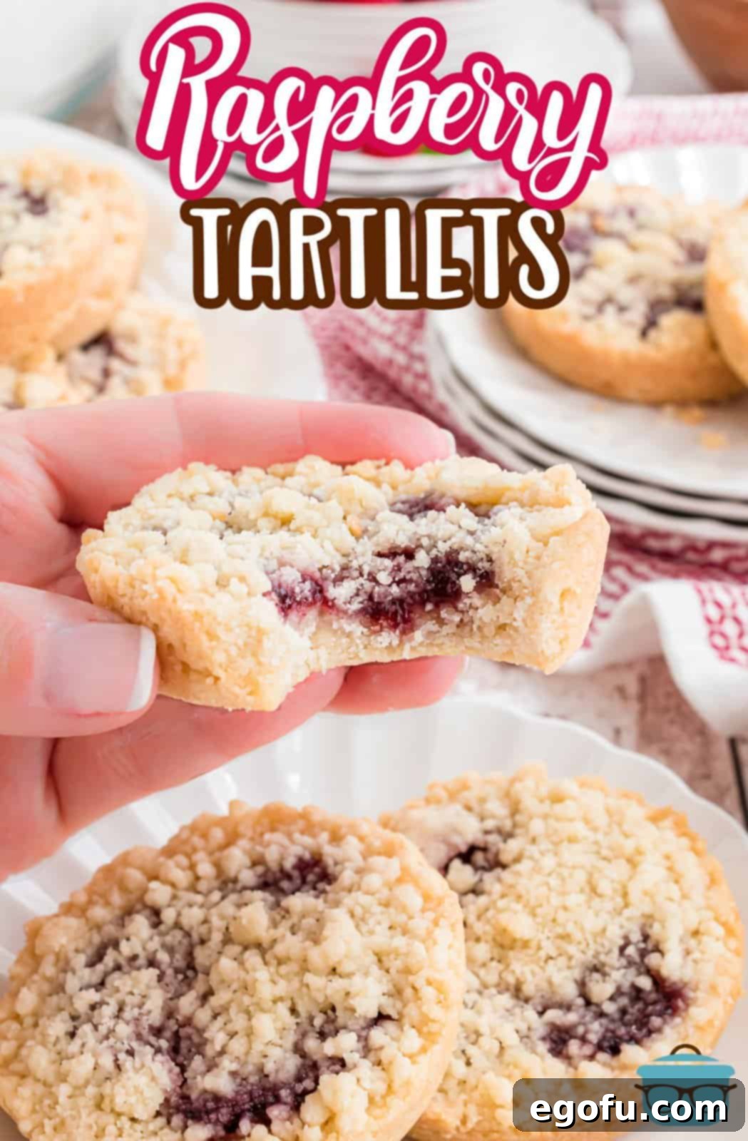 A hand gently holding up a single Raspberry Tartlet, with a small bite taken out, revealing the inviting layers of crumbly crust and luscious raspberry jam filling.