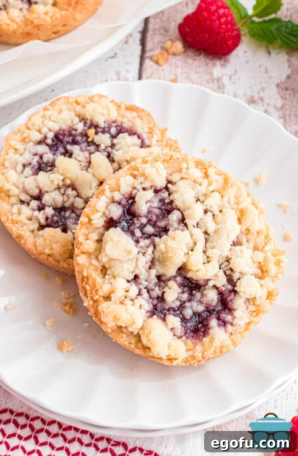 An inviting overhead shot of perfectly layered Raspberry Tartlets arranged on a clean white plate, ready to be enjoyed.