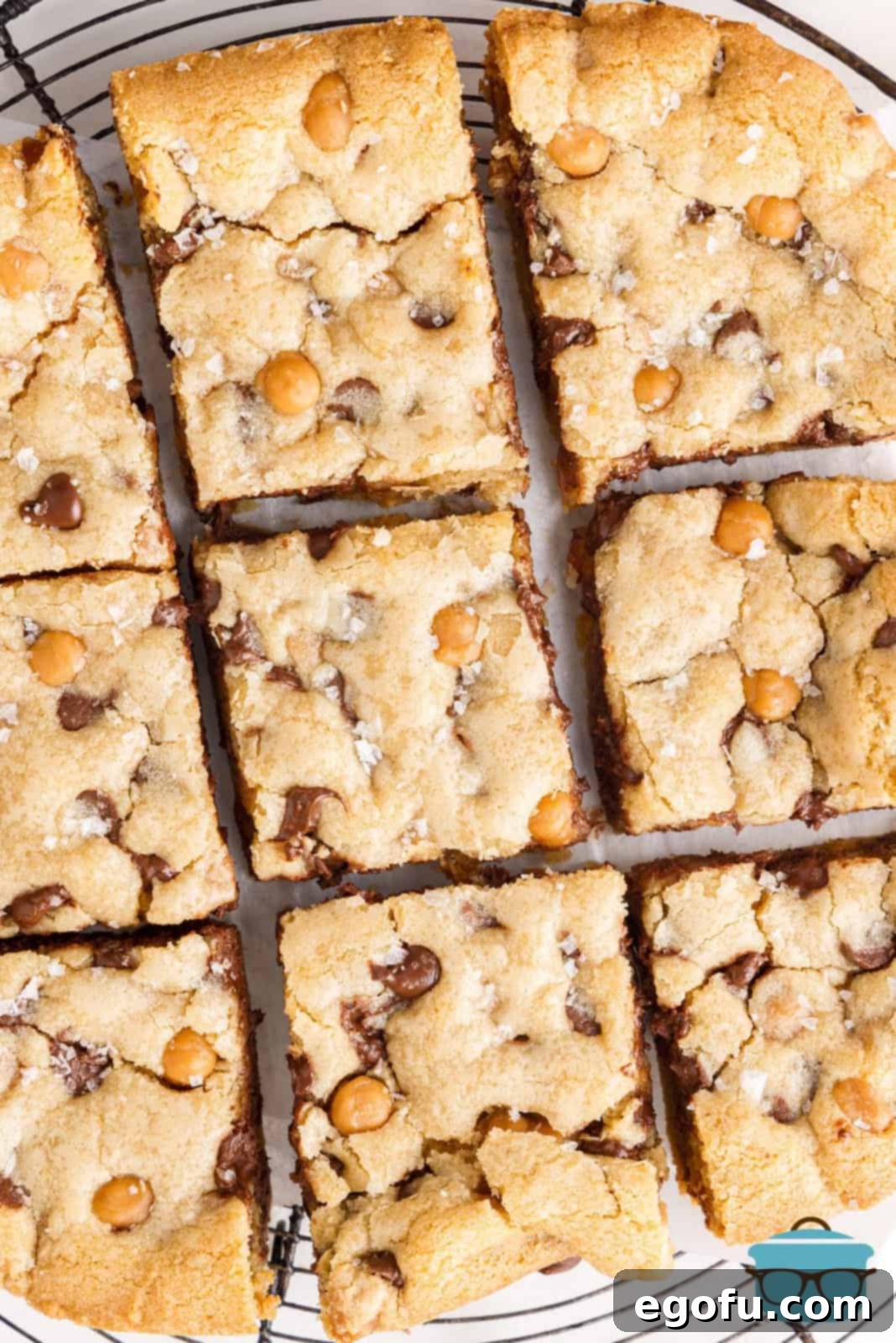 Sweet and Salty Caramel Chocolate Chip Bars 13 Overhead of cut Salted Caramel Chocolate Chip Cookie Bars.
