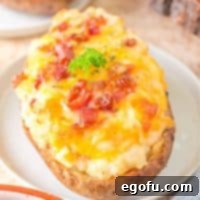 Close up square image of one of the Grilled Twice Baked Potatoes on white plate showing bacon.