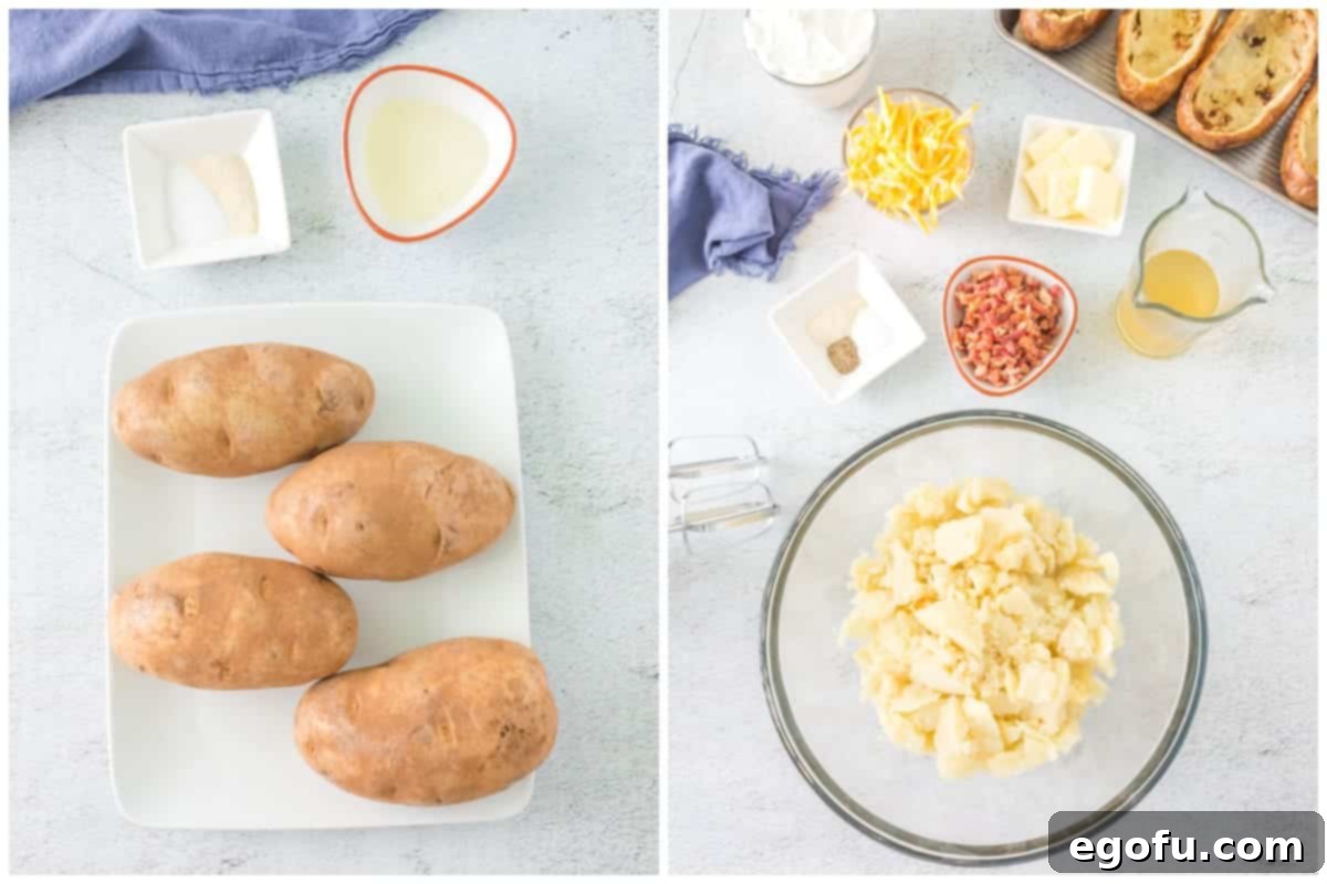 Arrangement of all ingredients needed for Grilled Twice Baked Potatoes, including russet potatoes, olive oil, salt, onion powder, scooped potato flesh, pepper, chicken broth, salted butter, sour cream, bacon bits, shredded cheese, and empty potato skins.