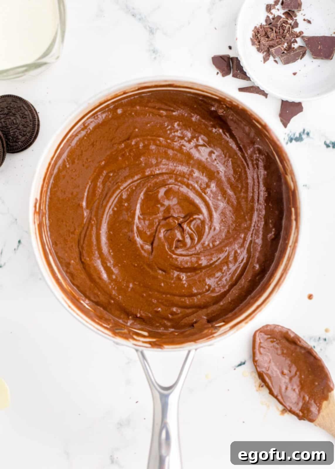 Chocolate cream pie filling stirred until smooth and melted in the pan.