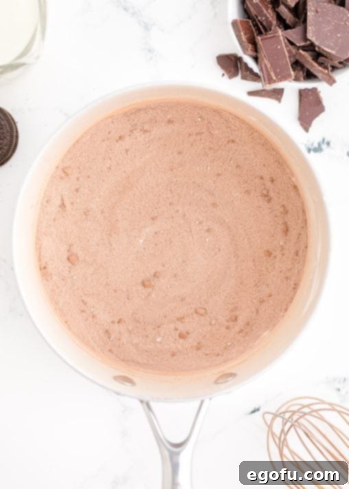 Sugar, cornstarch and cocoa powder whisked together in large pan.