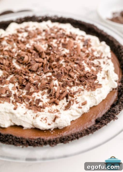 Finished Chocolate Cream Pie topped with chocolate shavings.