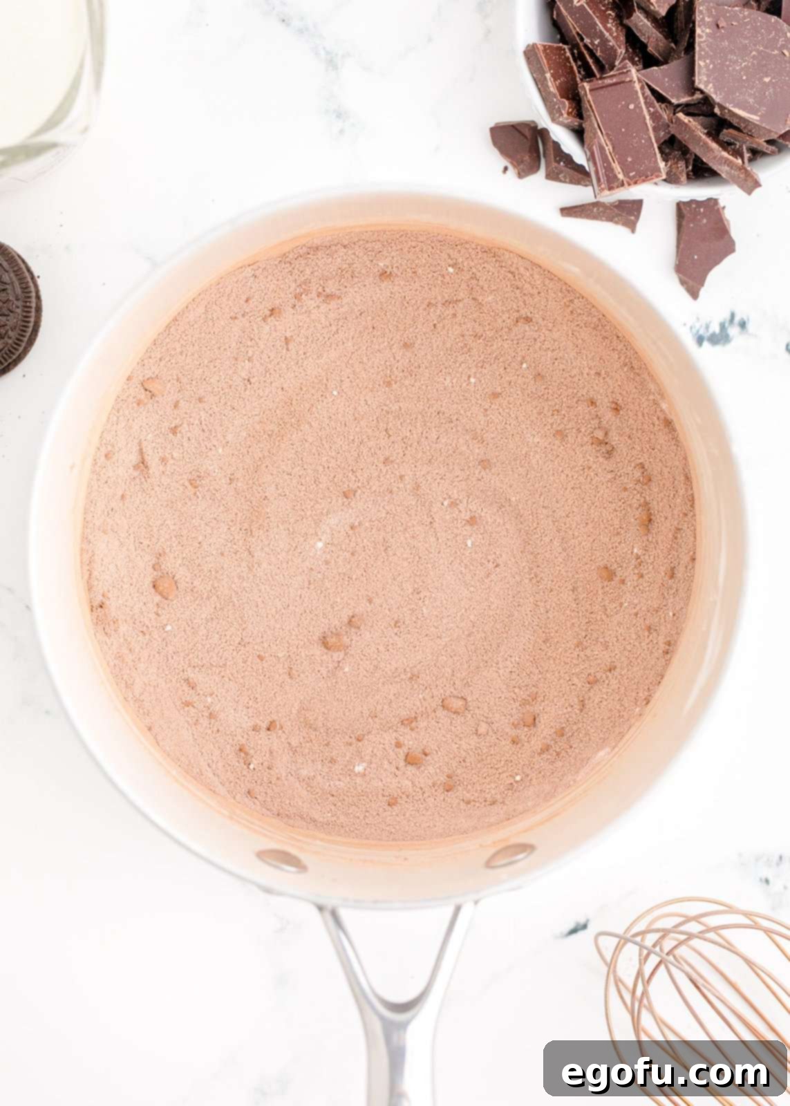 Granulated sugar, cornstarch, and cocoa powder whisked together in a large saucepan.