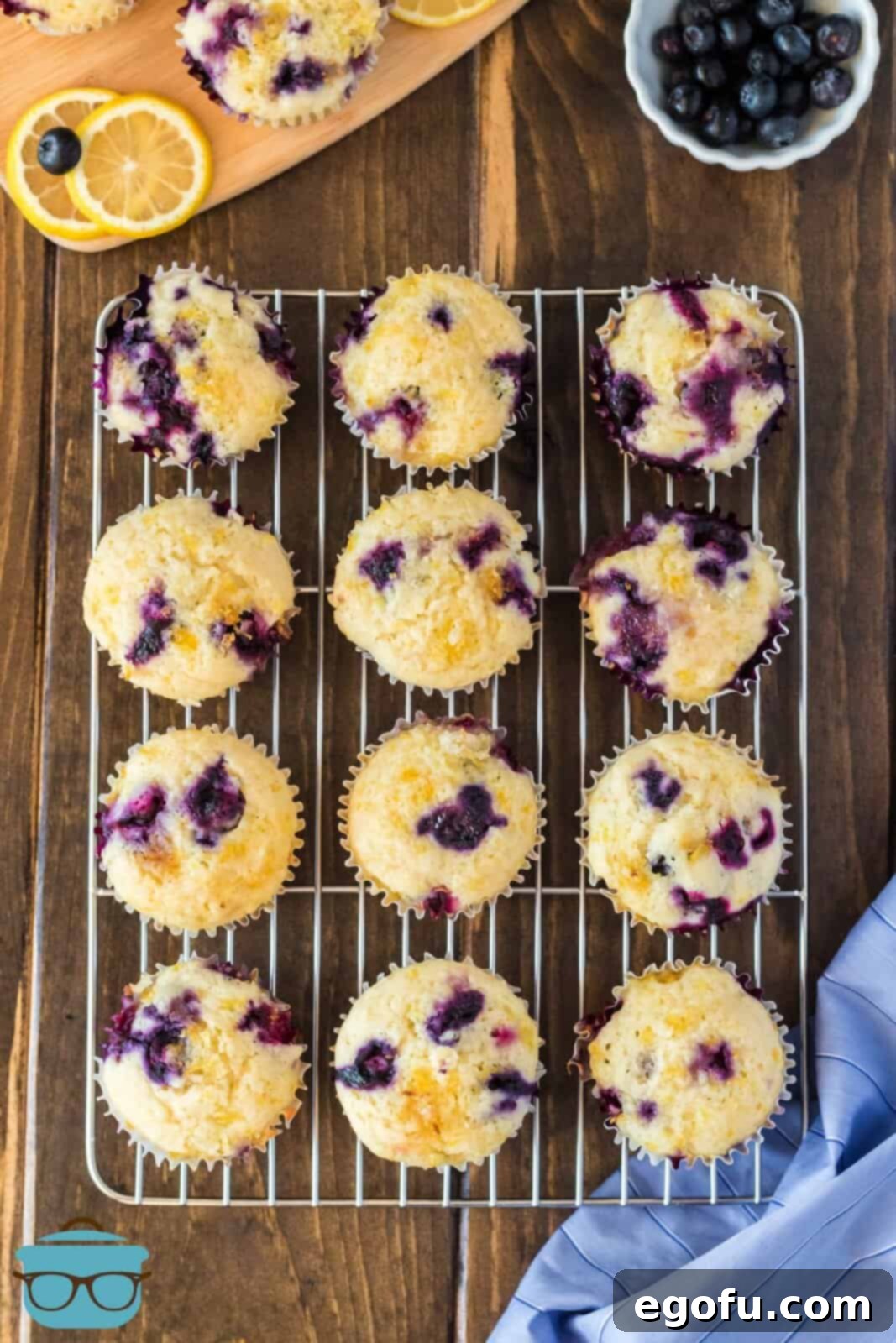 Finished muffins on wire rack cooling.