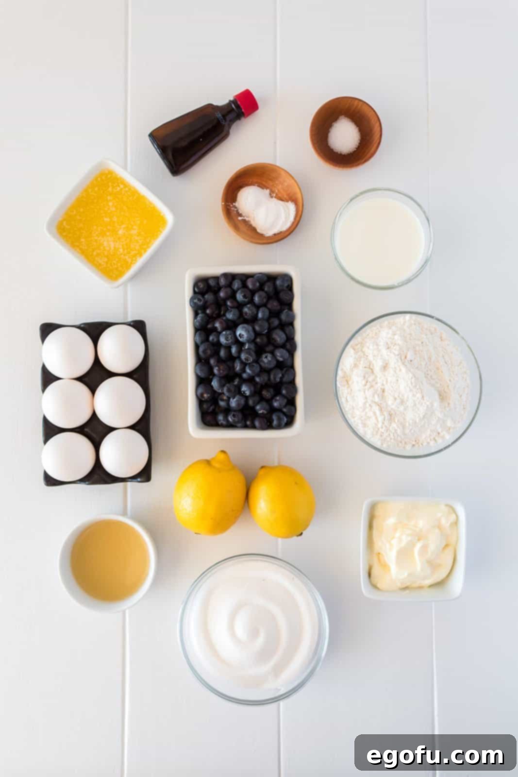 Ingredients needed: lemon zest, granulated sugar, butter, eggs, milk, lemon greek yogurt, lemon juice, almond extract, all-purpose flour, baking powder, salt and blueberries.