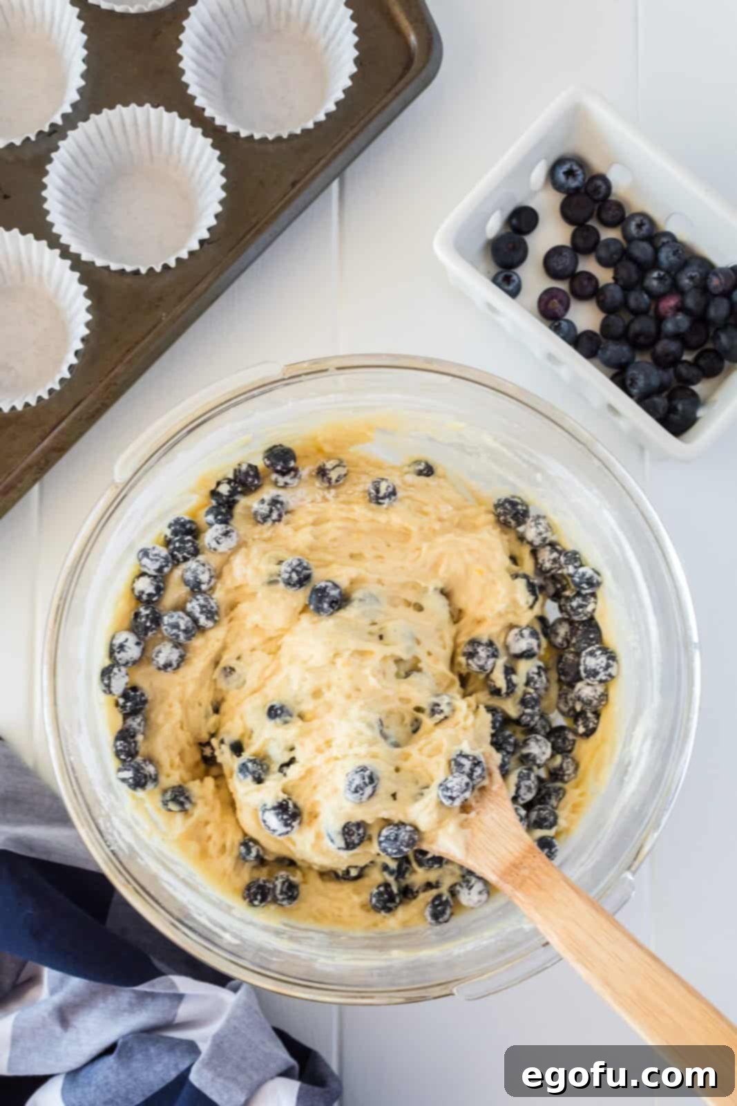 Dry mixture and blueberries mixed together in bowl.