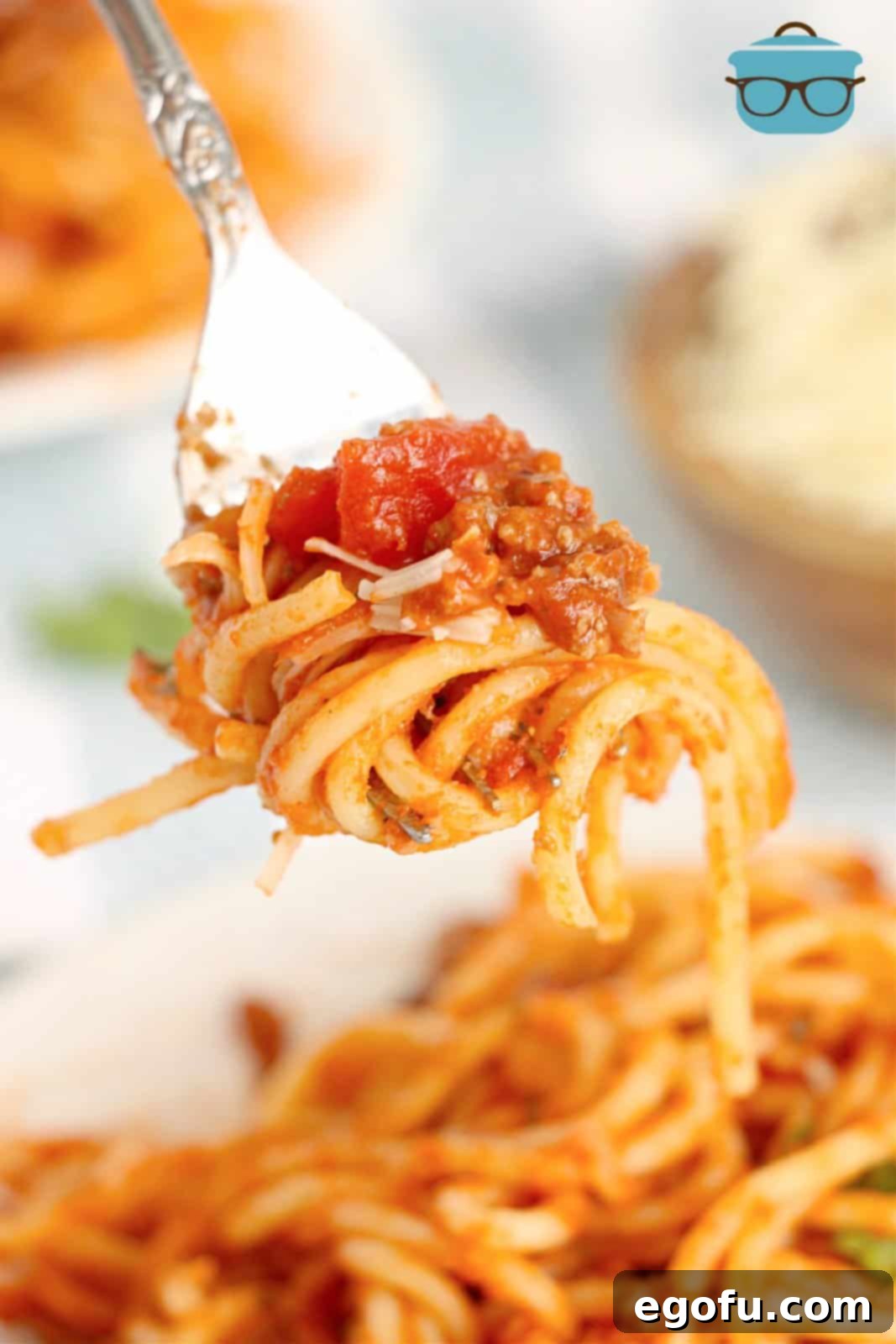 Our School's Spaghetti Day 13 Fork holding up some School Cafeteria Spaghetti off of plate.