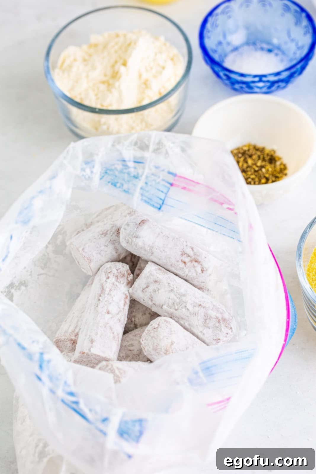 Cut hot dogs in bag covered in cornstarch.