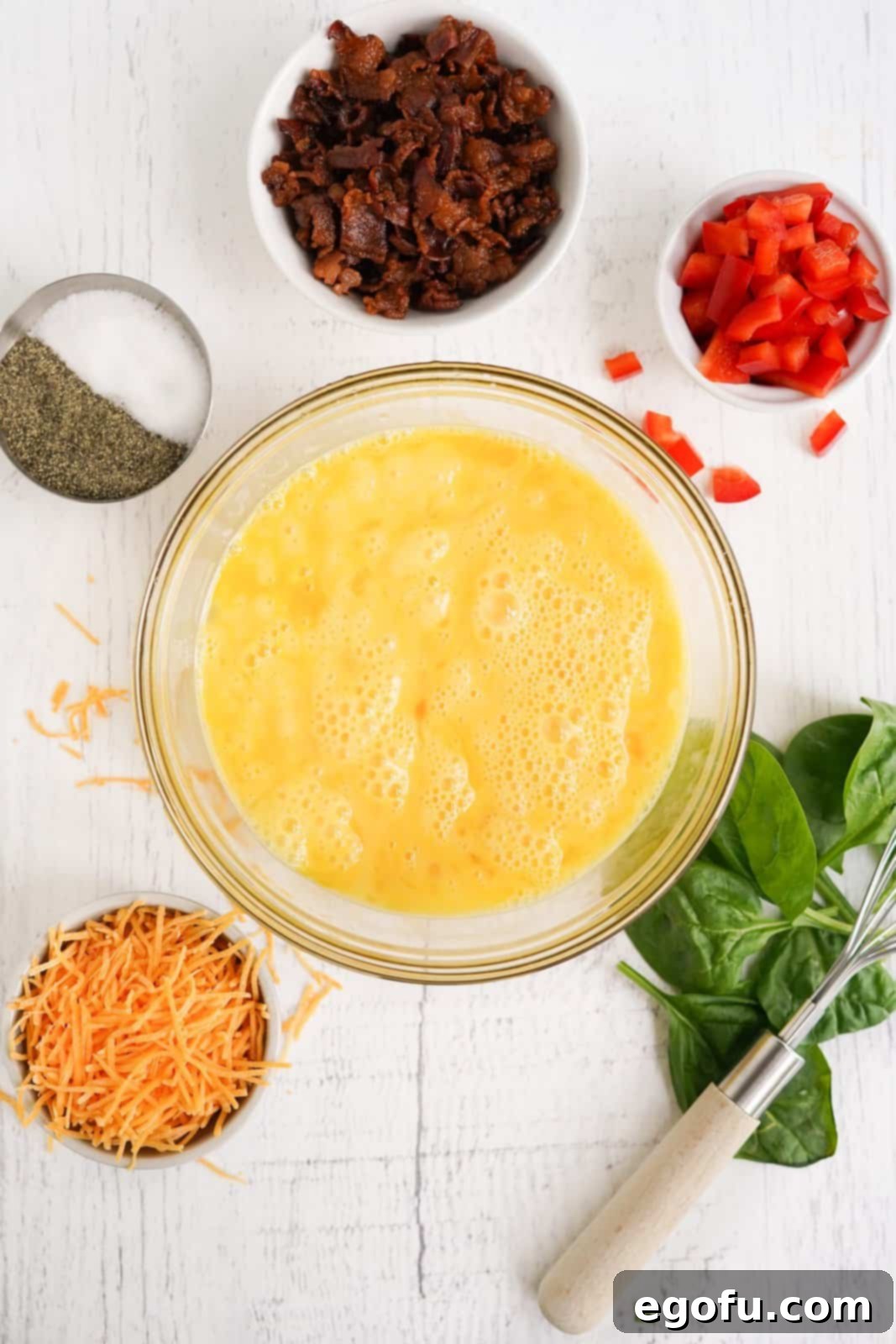 Eggs beaten in large bowl.