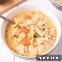Close up square image of Creamy Chicken Noodle Soup in bowl with spoon.