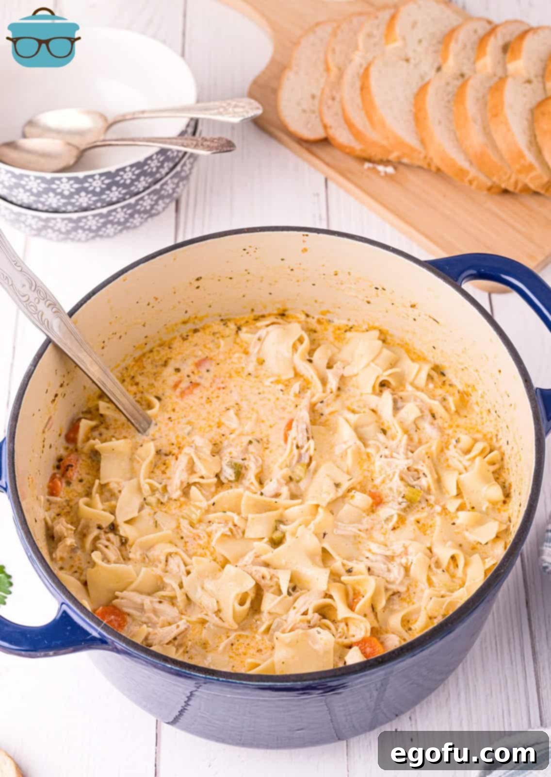Overhead of Creamy Chicken Noodle Soup in dutch oven finished.