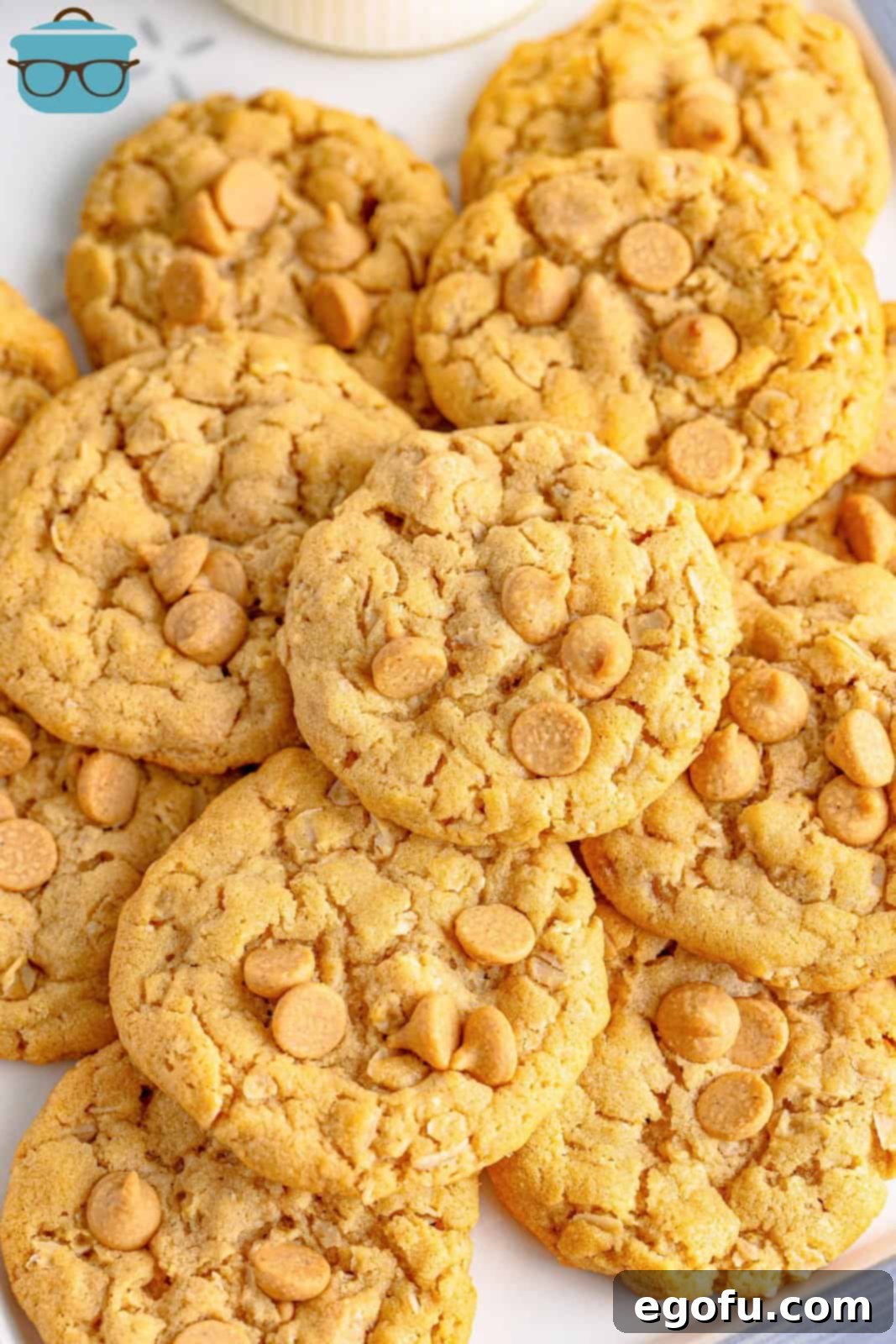 Peanut Butter Oat Cookie Bliss 2 Overhead photo of Peanut Butter Oatmeal Cookies stacked on top of one another.