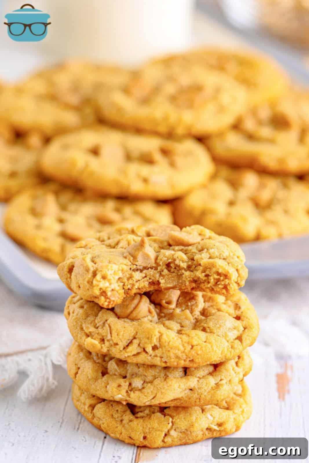 Peanut Butter Oat Cookie Bliss 15 Four stacked Peanut Butter Oatmeal Cookies with bite taken out of top one.