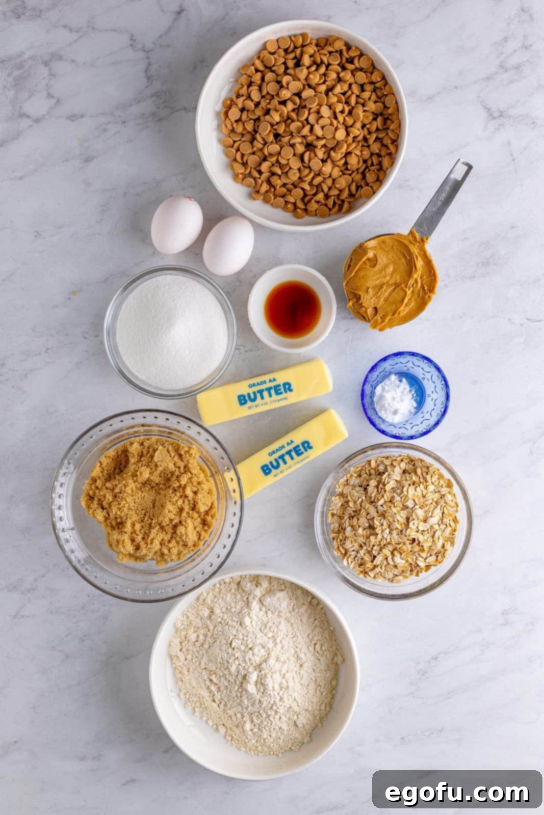 Peanut Butter Oat Cookie Bliss 4 Ingredients needed: all-purpose flour, baking soda, creamy peanut butter, unsalted butter, light brown sugar, granulated sugar, eggs, vanilla extract, old fashioned oats and peanut butter chips.