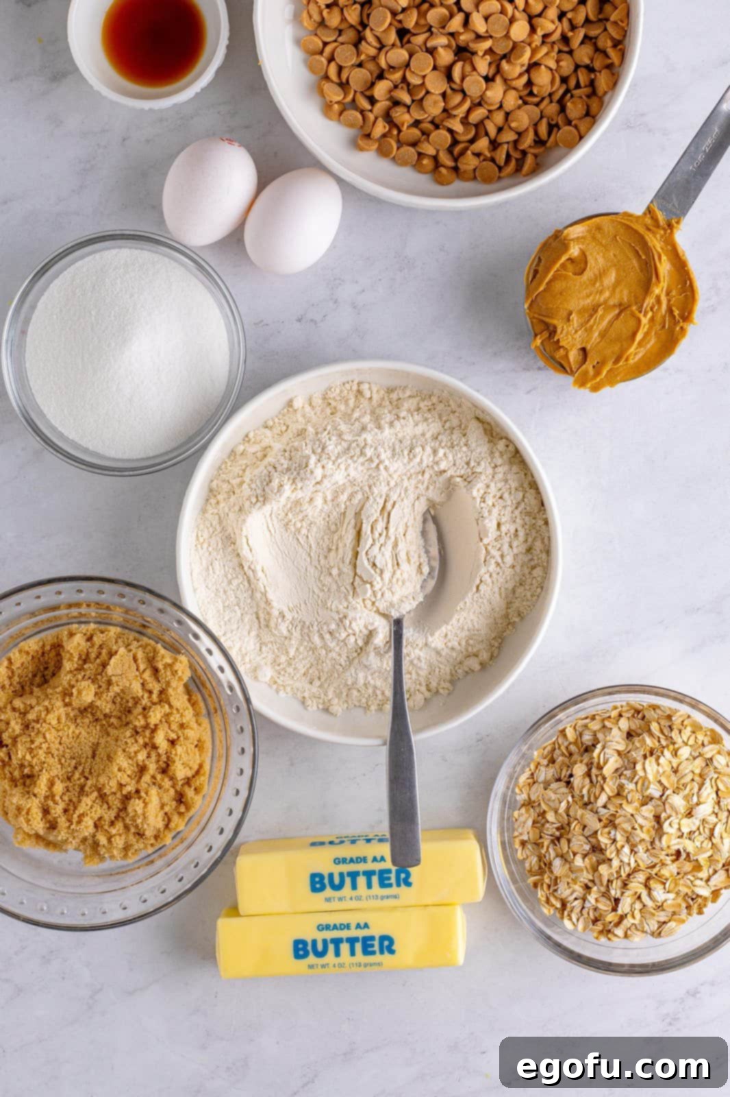 Peanut Butter Oat Cookie Bliss 5 Drying ingredients mixed together in bowl.