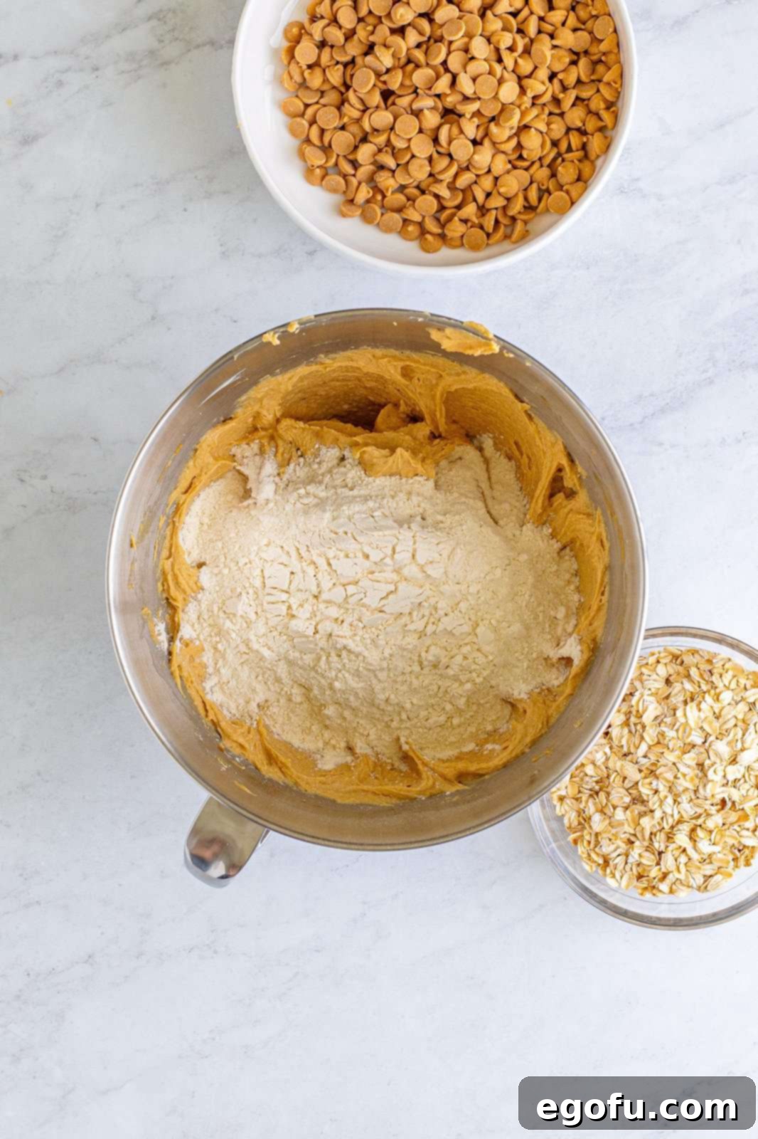 Peanut Butter Oat Cookie Bliss 10 Dry ingredients added to bowl of stand mixer.