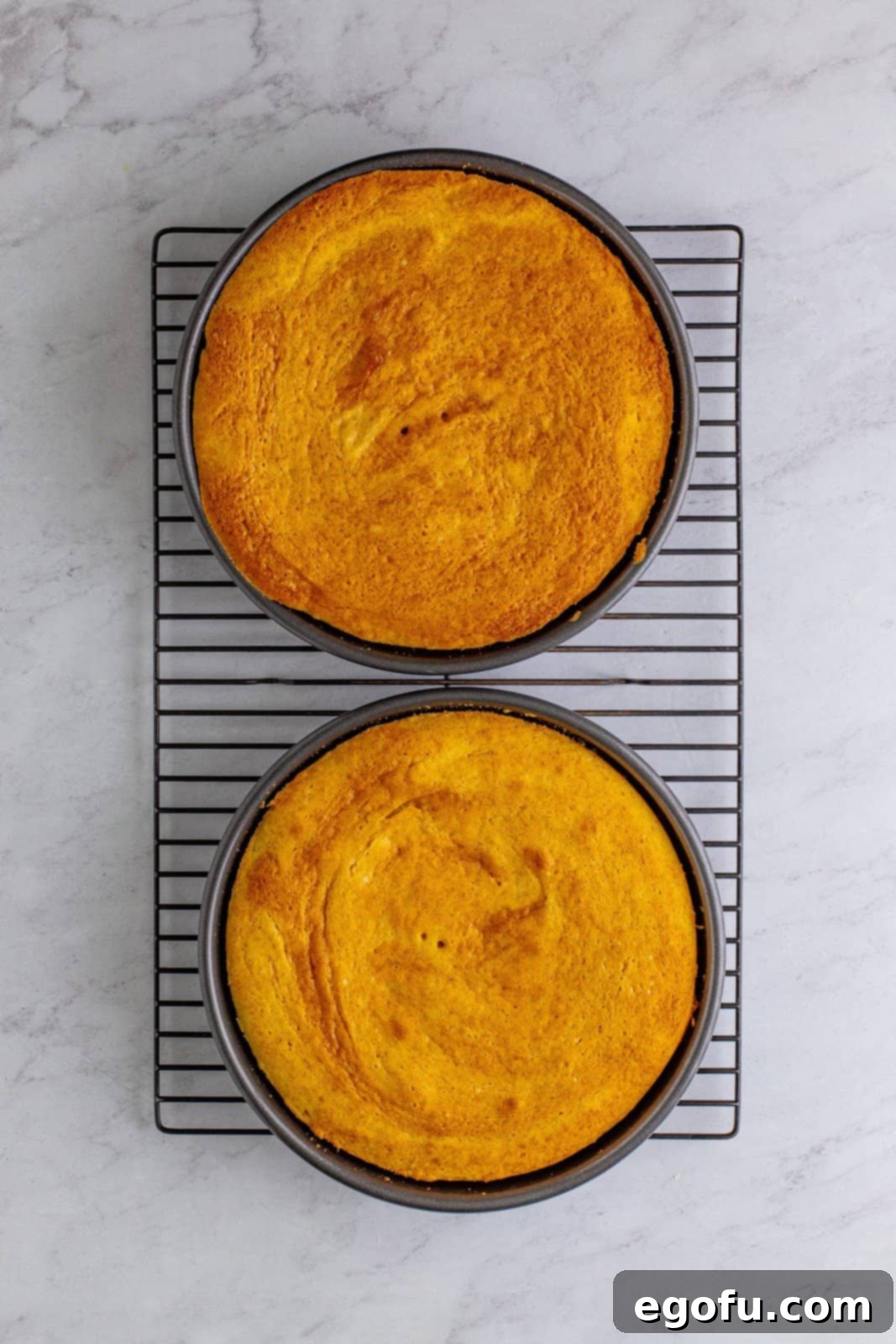 Golden Southern Caramel Delight 14 Finished cakes in pans on wire rack.