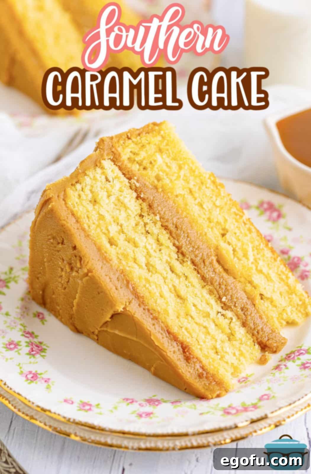 Golden Southern Caramel Delight 4 Pinterest image of a slice of Southern Caramel Cake on flower plate.