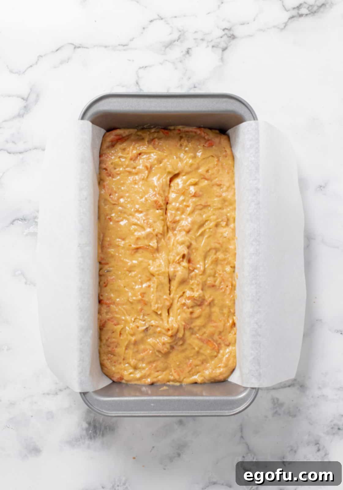 Batter poured into prepared loaf pan.