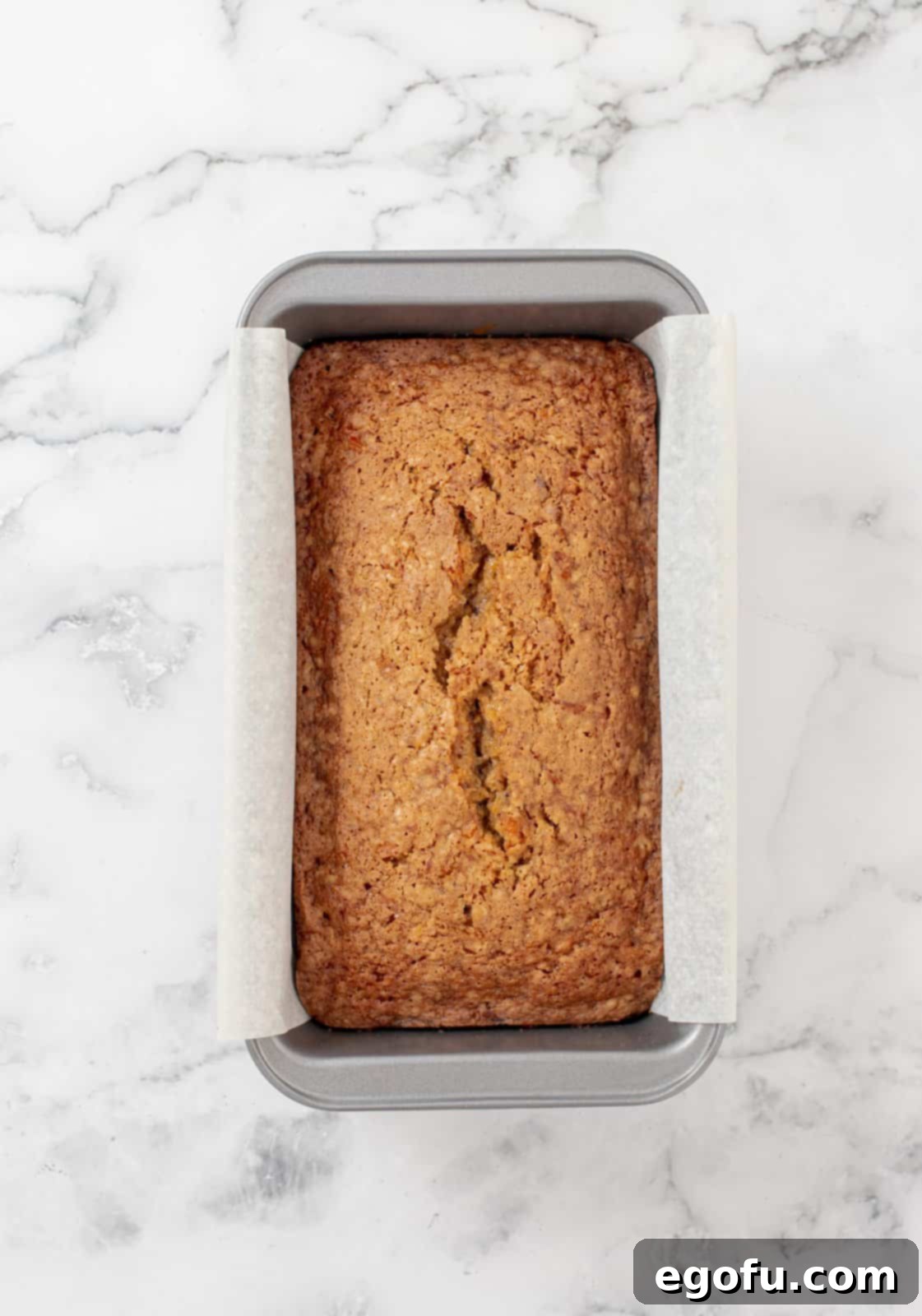 Finished loaf cake in baking pan.