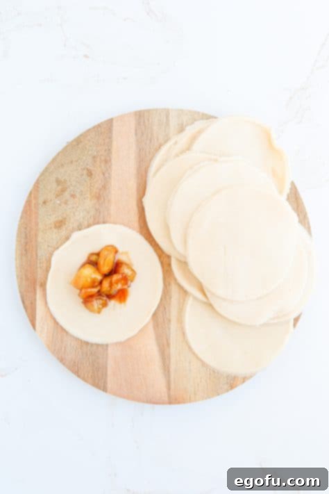 Apple filling placed in pie crust circle.
