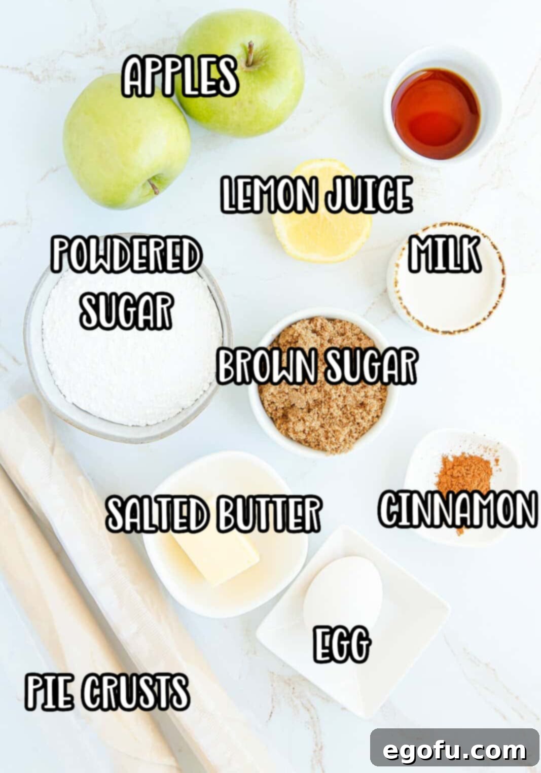 Ingredients needed: apples, brown sugar, unsalted butter, lemon juice, ground cinnamon, refrigerated pie crust, egg, powdered sugar, milk, ground cinnamon.