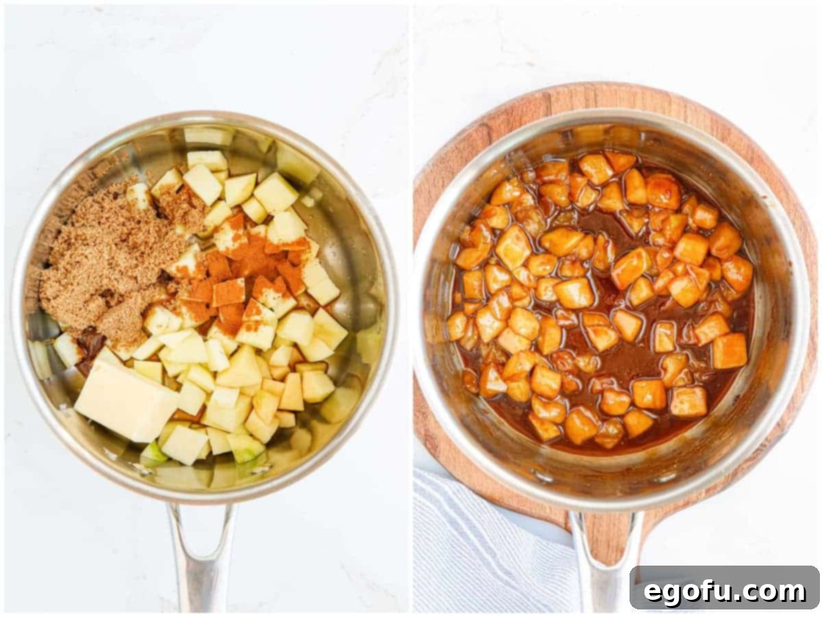 collage of two photos: filling ingredients added to pan; finished pie filling cooked together in pan.