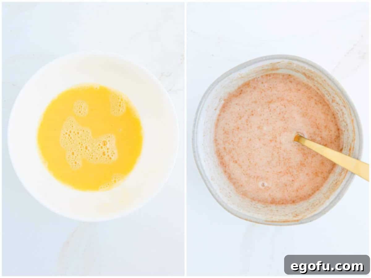 collage of two photos: egg wash mixed together in bowl; glaze mixed together in bowl.