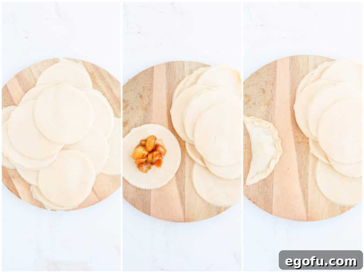 collage of three photos: pie crust cut into circles on wooden board; apple filling placed in pie crust circle; hand pies folded together on wooden board.