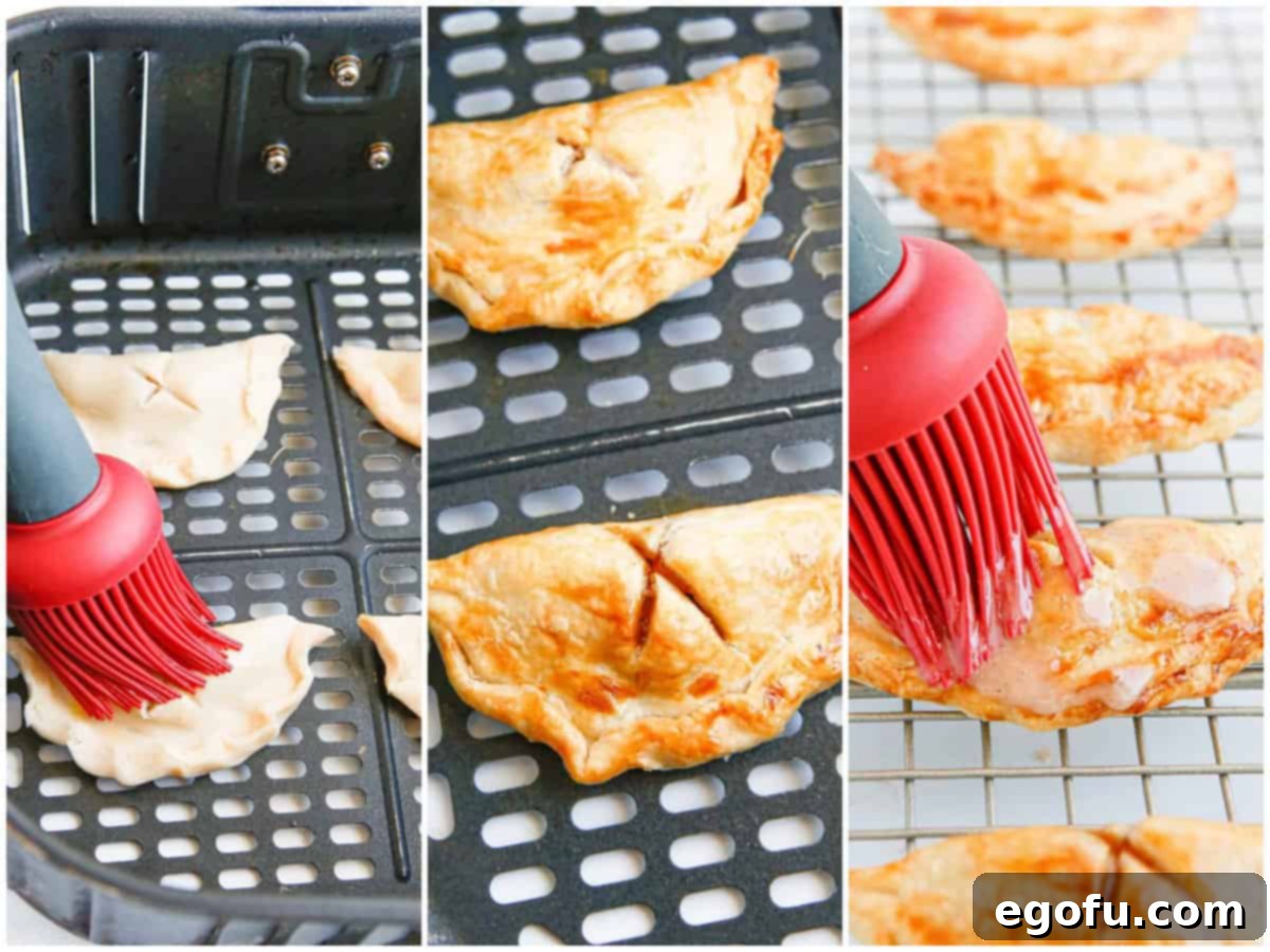 collage of three photos: uncooked hand pies in air fryer basket being brushed with egg wash; finished hand pies in air fryer basket; pastry brush brushing hand pies with glaze.