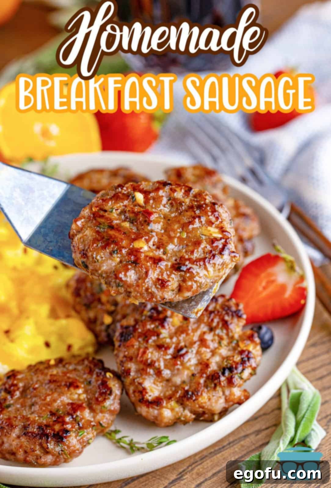 Pinterest image of Homemade Breakfast Sausage being held up with metal spatula over plate with eggs and fruit.