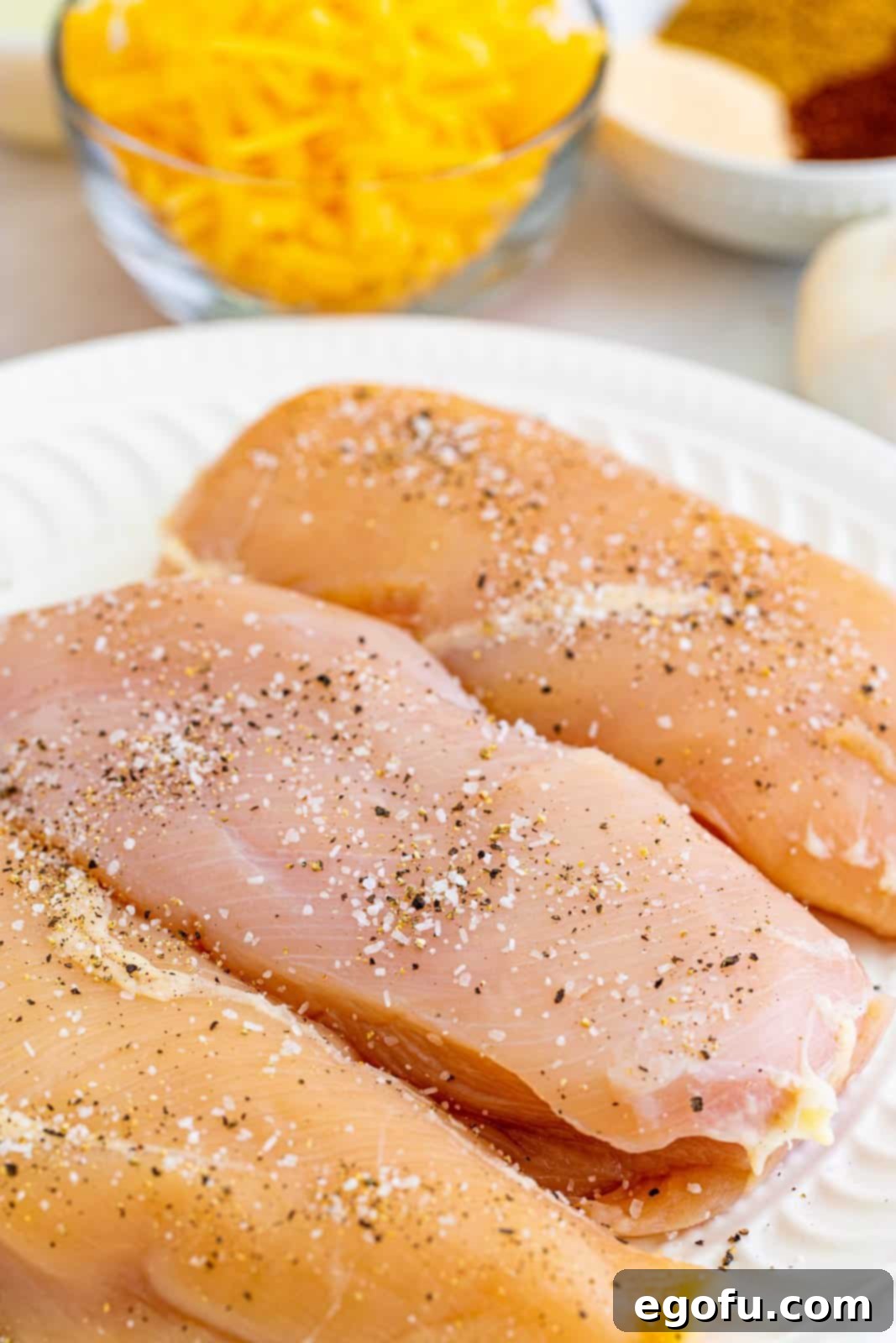 Southwest Chicken Enchilada Bowl 5 Chicken breasts on plate seasoned.