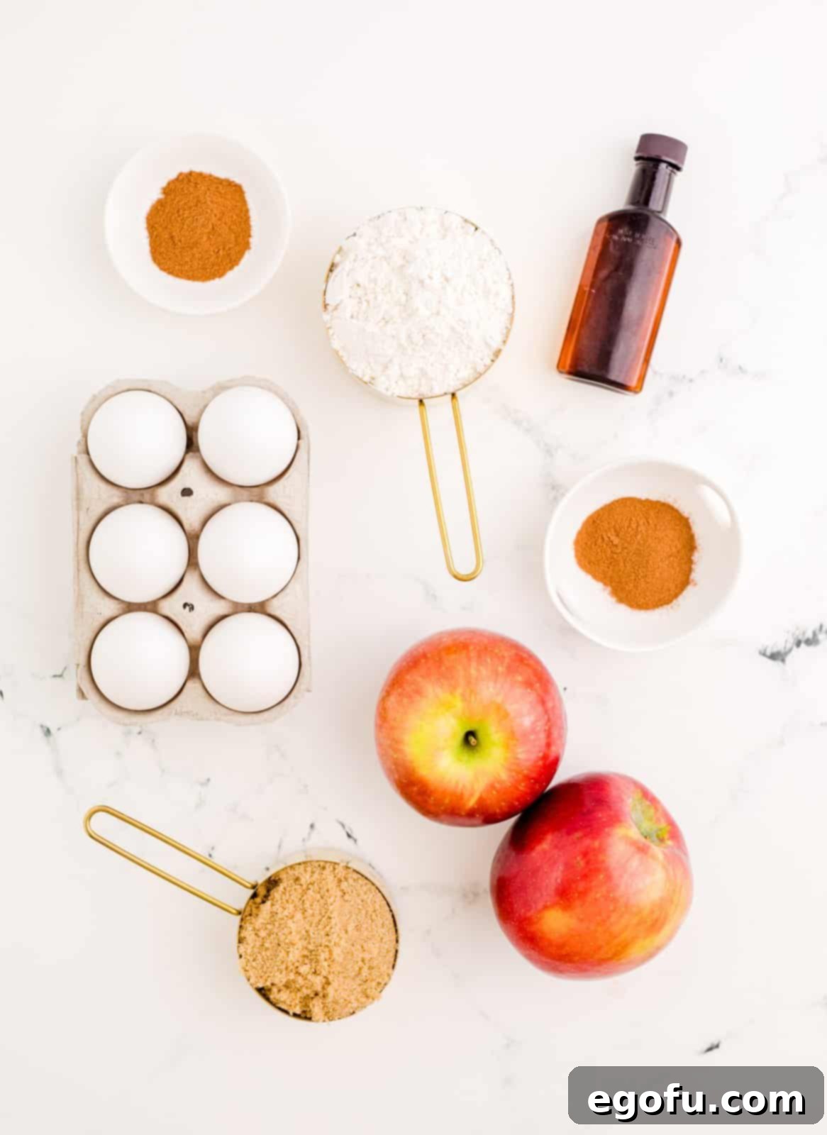 Ingredients needed: apples, all-purpose flour, apple pie spice, cinnamon, eggs, vanilla extract and brown sugar.