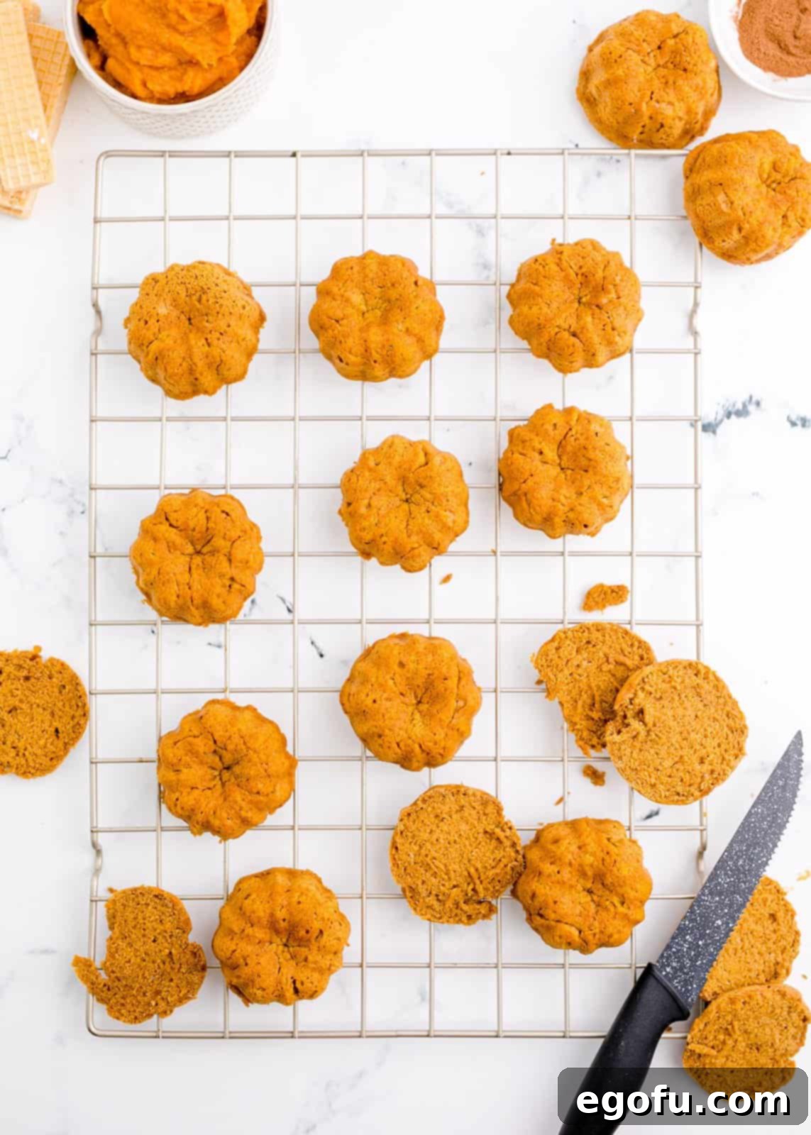 Bundt cakes getting cut in half.